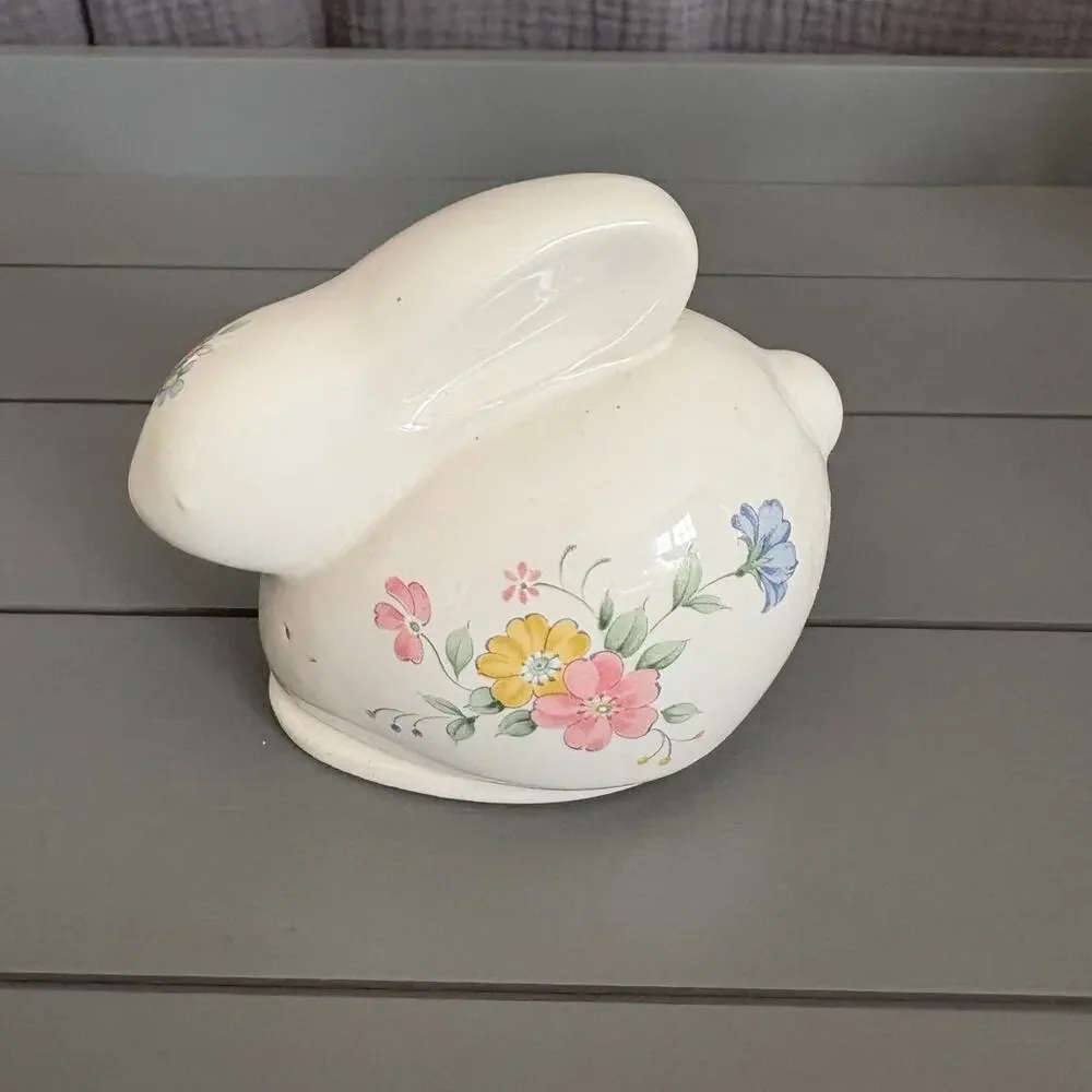 Vtg 1980s Porcelain Floral Rabbit Trinket Box